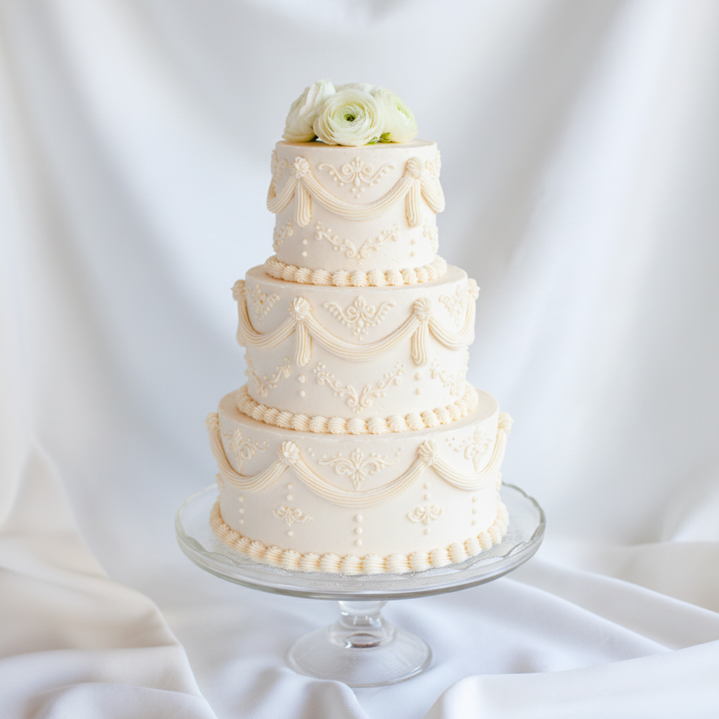 Vintage 3-tier buttercream wedding cake – White Lambeth