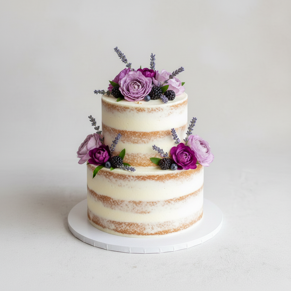 Floral 2-tier buttercream wedding cake – Purple Bloom Semi-Naked