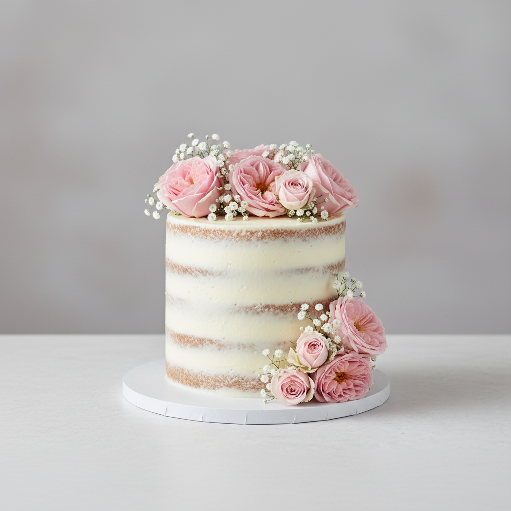 Floral 1-tier semi-naked wedding cake – Rose Naked