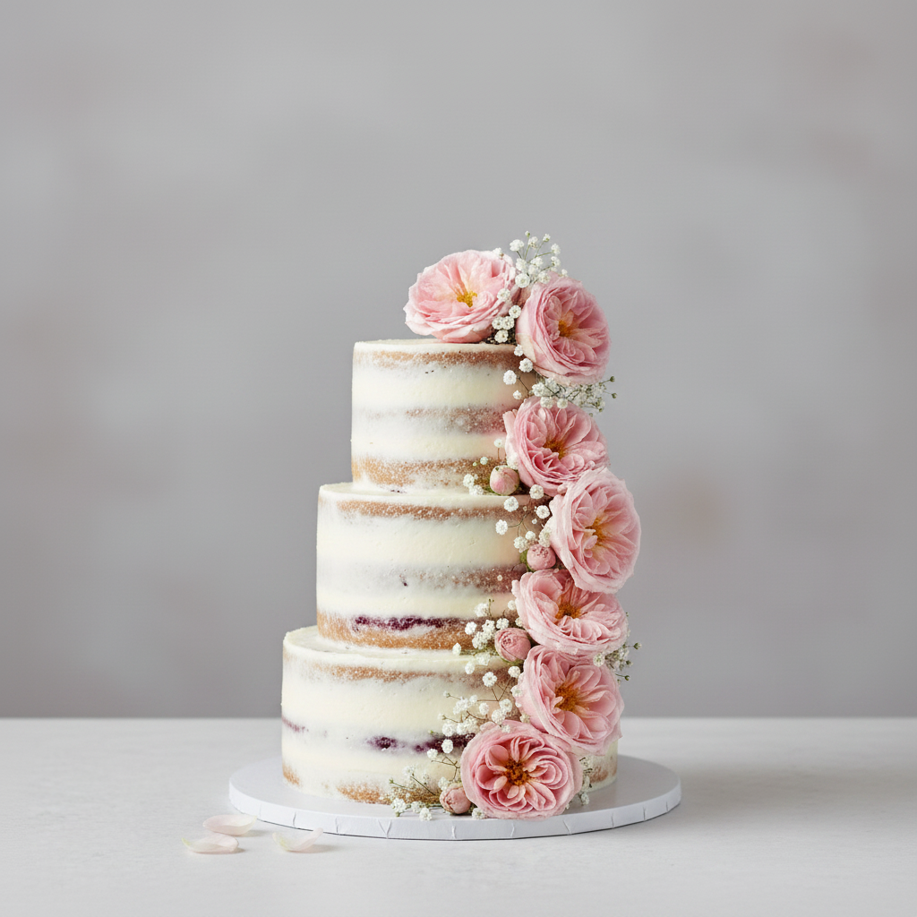 Floral 2-tier semi-naked wedding cake – Rose Naked