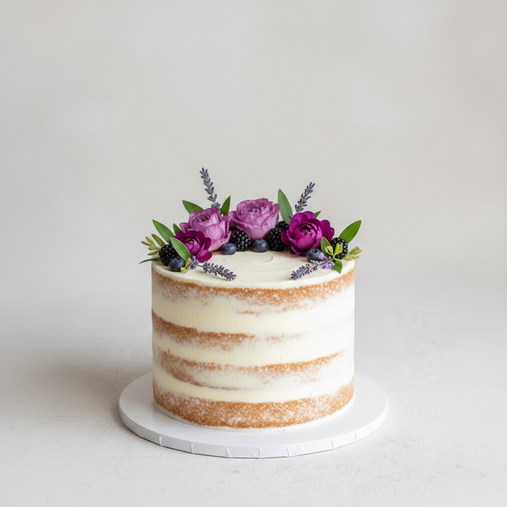 Floral 1-tier buttercream wedding cake – Purple Bloom Semi-Naked