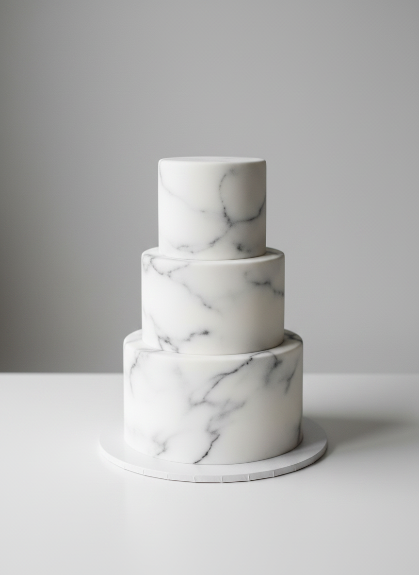Modern 3-tier fondant wedding cake – Marble Grey