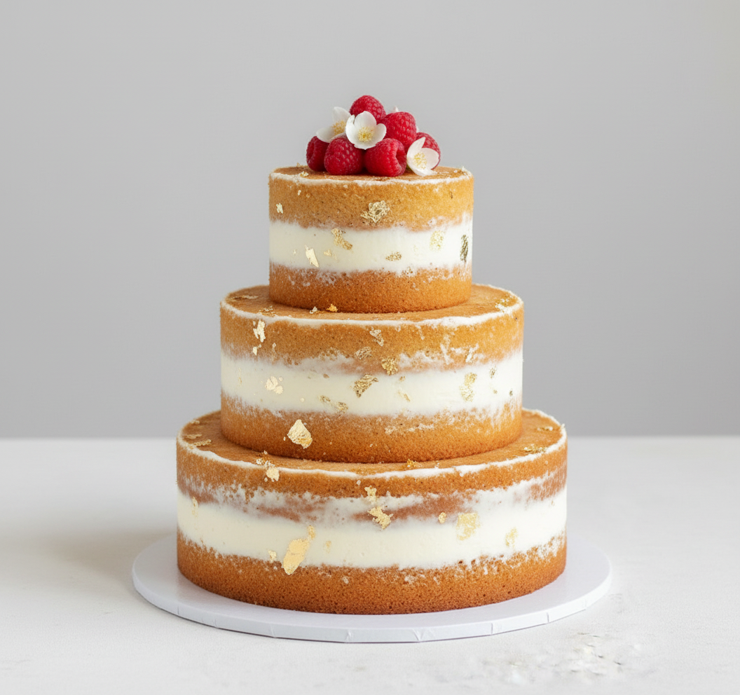 Minimalist 3-tier buttercream wedding cake – Gold Leaf Naked