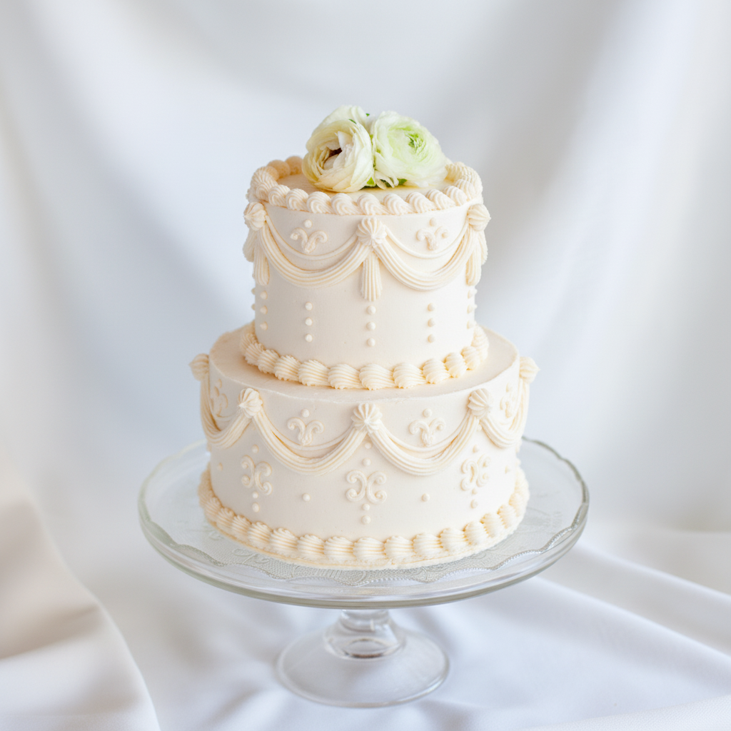 Vintage 2-tier buttercream wedding cake – White Lambeth