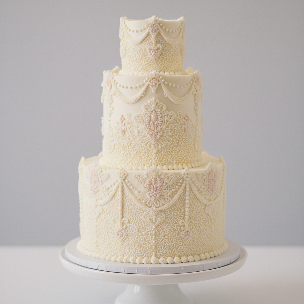 Vintage 3-tier buttercream wedding cake – Victorian Lace