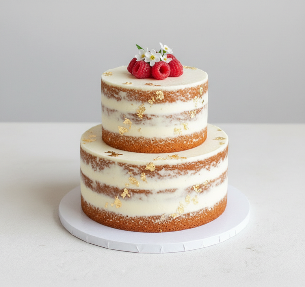 Minimalist 2-tier buttercream wedding cake – Gold Leaf Naked