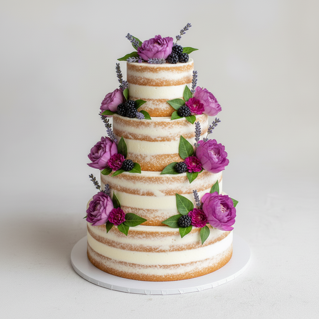 Floral 3-tier buttercream wedding cake – Purple Bloom Semi-Naked