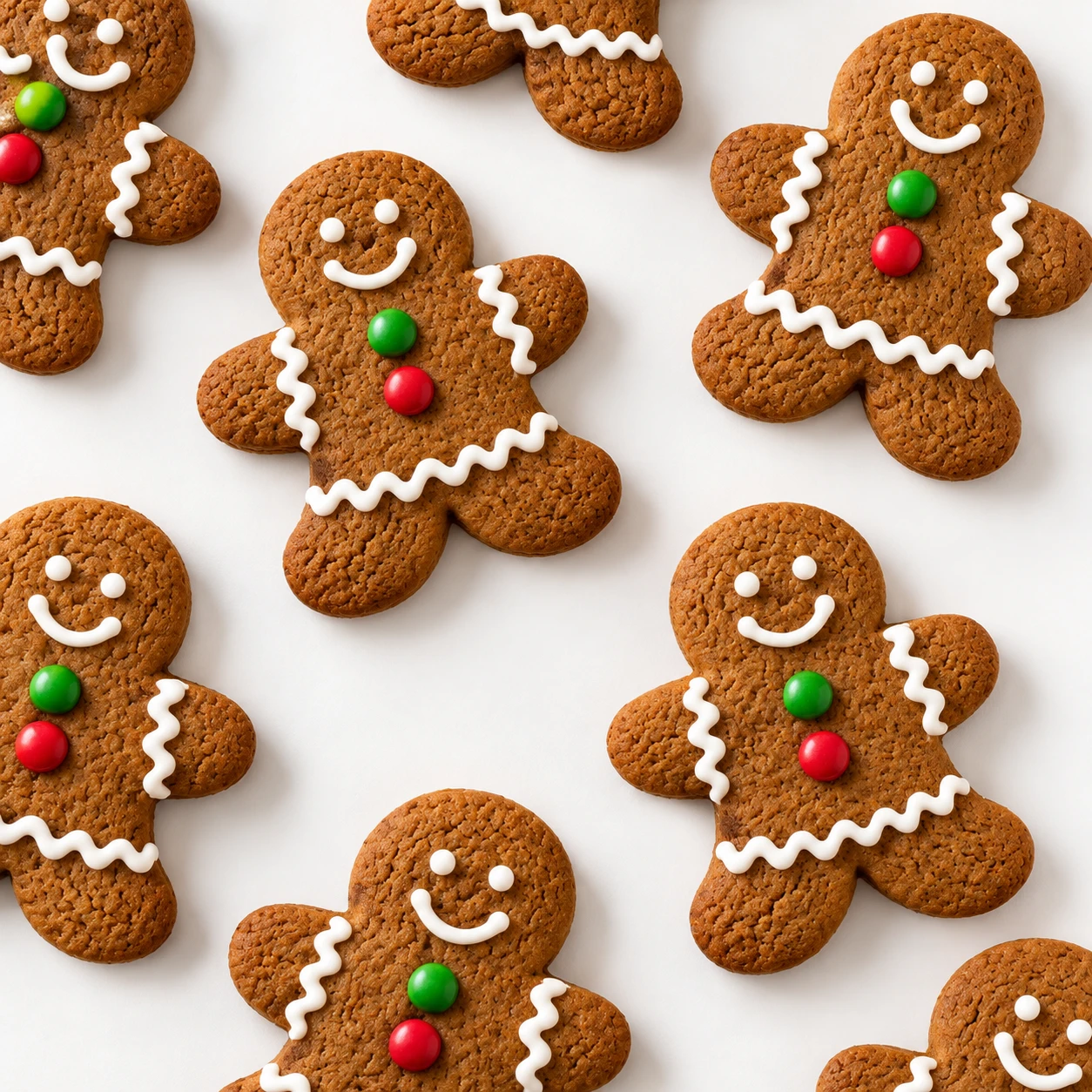 Hand-decorated gingerbread men cookies with white royal icing and red and green candy buttons, baked to order by Bakefetti in Baltimore